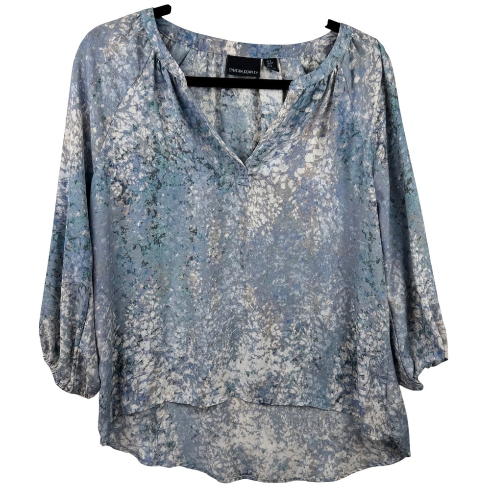 Cynthia Rowley Blouse Womens Small Blue Sheer Abstract Floral V-Neck High-Low - Picture 3 of 13